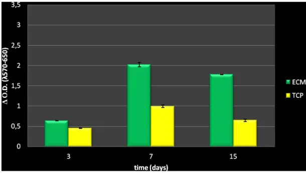 Graphic III – hBMSCs proliferation on ECM coating and plastic culture plates under osteogenic treatment 