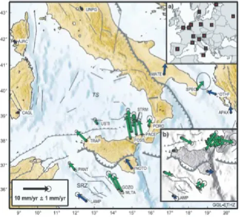 Fig. 1.10: Vettori velocità GPS riferiti a Europa (Hollenstein et al., 2003). L’inset b mostra i vettori velocità  GPS riferiti a Nubia