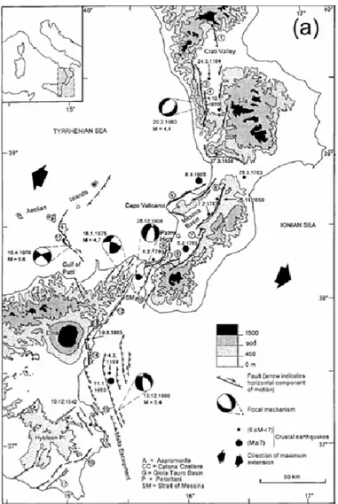 Fig. 1.13: Schema sismotettonico della Sicilia orientale e della Calabria mostrante l’andamento delle strutture  che compongono l’SCRZ (da Monaco e Tortorici, 2000)