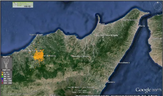 Fig.  1.16:  Distribuzione  dei  terremoti  dello  sciame  sismico  avvenuto  in  Sicilia  nord-orientale  nei  dintorni  degli  abitati  di  Longi  e  Galati  Mamertini  nel  periodo  Giugno-Settembre  2011  (dati  da  ISIDe  Working  Group)