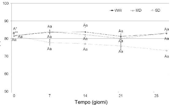 Fig. 5.2.3 - Eugenia: variazioni del Relative Water Content a mezzogiorno (RWCmd ) in funzione del  regime idrico nel corso del ciclo di coltivazione