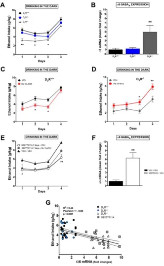 Figure 1.  Alcohol intake inversely correlated with D 3 R-dependent GABA A  α6 subunit mRNA 