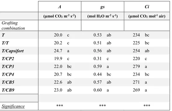 Table 8 - Net photosynthesis (A), stomatal conductance (gs) and internal CO 2  concentration (Ci) 