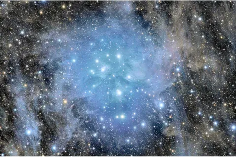 Figure 2.1: Open cluster Pleiades. With a long exposure from a dark location the dust cloud surrounding the Pleiades star cluster becomes very evident
