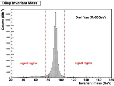 Figure 4.3: Distribution of the dilepton invariant mass for a preselected sample of Drell-Yan events