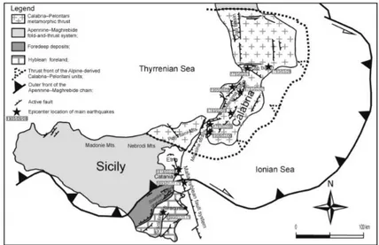 Figure 1.14 Tectonic framework of the study area with major structural  domains of southern Italy and active faults identified through surface 