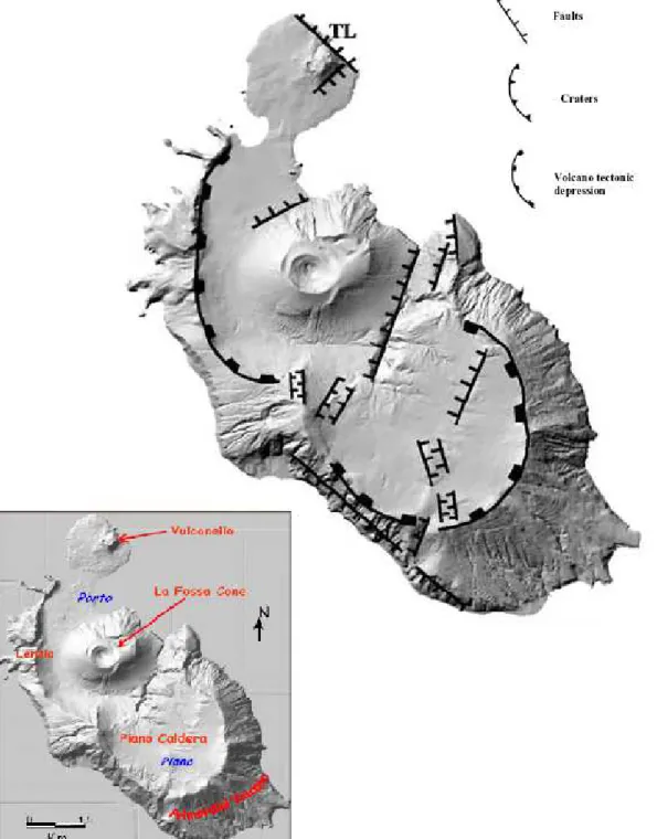 Figure  3.1: Structural  map  of    Vulcano  island,  showing  the  shallow  evidence  of  the  &#34;Aeolian-Tindari-Giardini&#34; structures  (Gioncada et al., 2003).