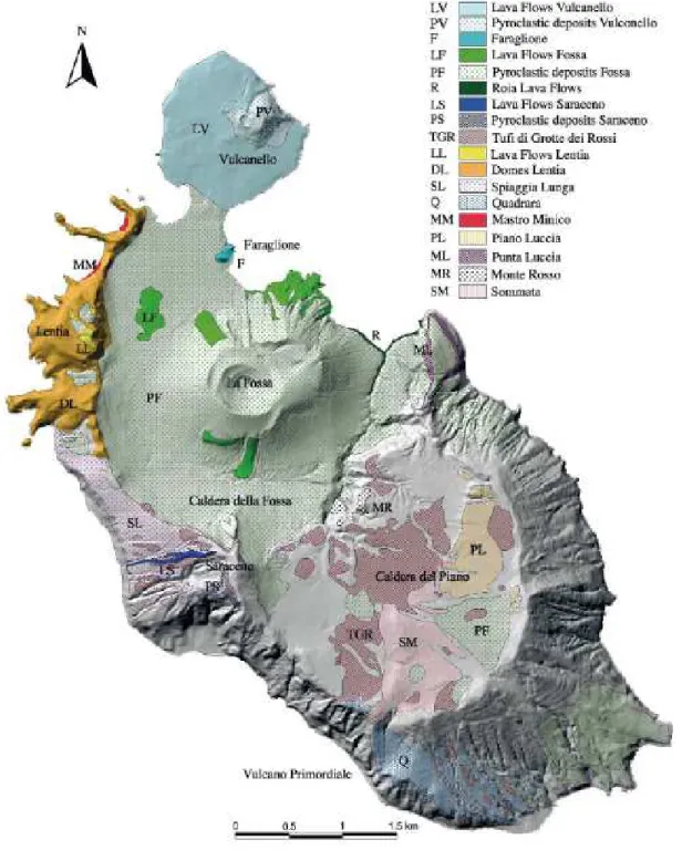 Figure 3.2:  Schematic geological superimposed an image of the island of Vulcano (DEM  Gioncada et al., 2003).