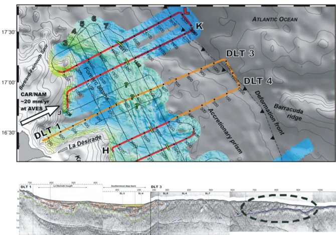 Figure 3.9: Two dip-line transects (DLT 1 and DLT 2) revealed by MCS imaging performed in context of the  SISMANTILLES II experiment