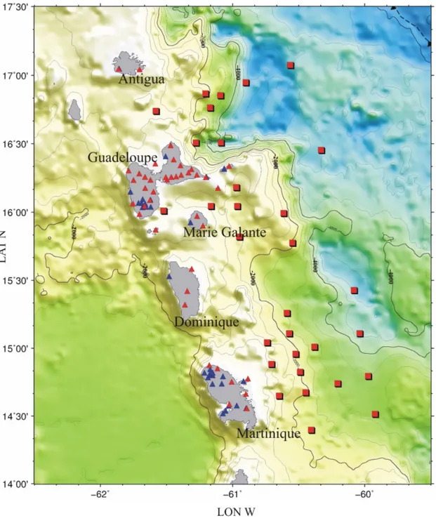 Figure 2.1: Map showing OBS and land stations used in SISMANTILLES I experiment. Blue triangles: seismic   stations of OVSG