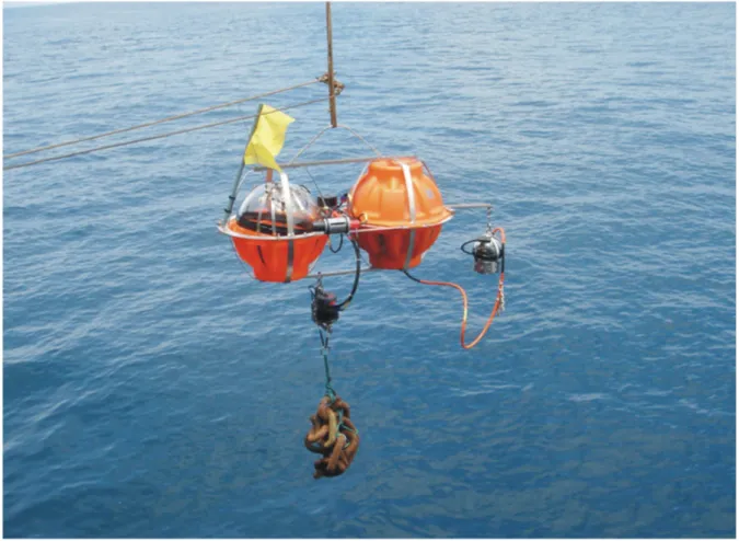 Figure 2.3: OBS are autonomous instruments that sit seafloor and record waves. Floats made from glass balls  and syntactic foam make each OBS buoyant, but an anchor holds it on the seafloor during the survey