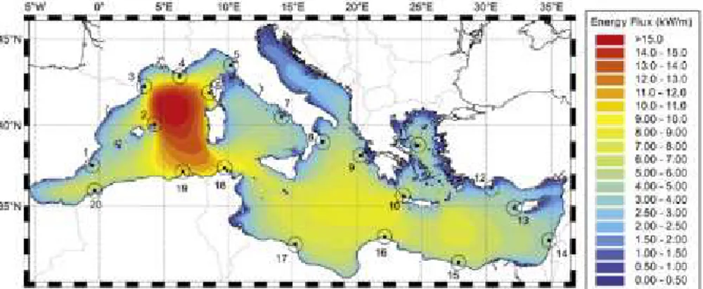 Figura 2.4: Distribuzione del flusso medio di energia nel bacino del Mediterraneo.  (Liberti et al., 2013)