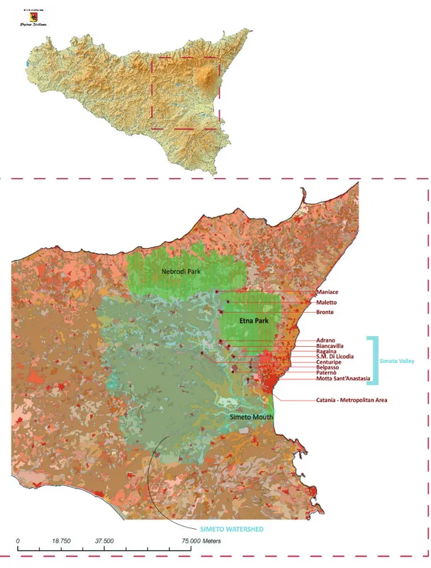 Figure 10. Simeto Watershed, Municipalities along the Simeto River course, main Natural Parks and  Refugees (author’s elaboration on the Sicilian Region land use map)