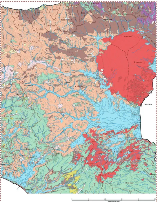 Figure 11. Geological map of the Simeto Watershed. Red: Lava soil. Blue: Alluvial  Soil
