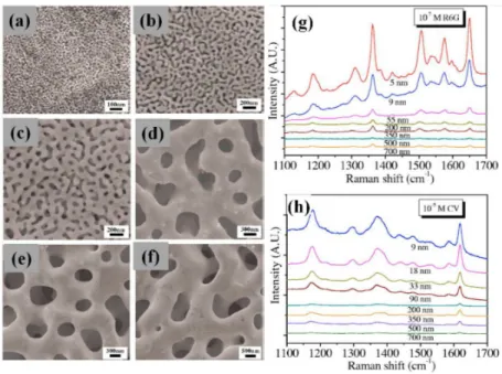 Figure A.7 - Representative SEM micrographs of nanoporous gold with various nanopore sizes