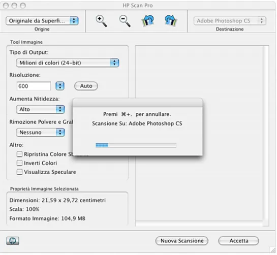 Figura 7.15: interfaccia twain di scansione tra Adobe Photoshop CS e Scanner Hp