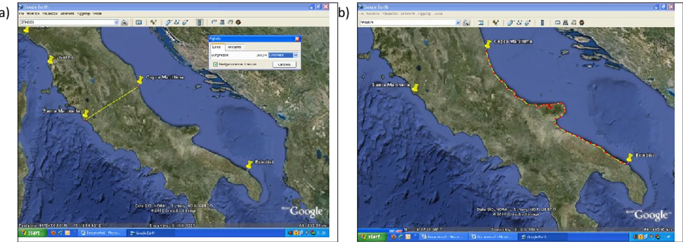 Figura 4 - a)Esempio di calcolo di distanza ”in linea d’aria” tra due siti (AN e SM);   b) esempio di calcolo di distanza “via mare” tra due siti (AN e BR) 