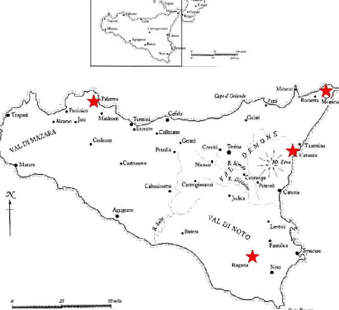Figure 2 Illustration map of the southern part of Italy (Sicily) showing the monitored sites 