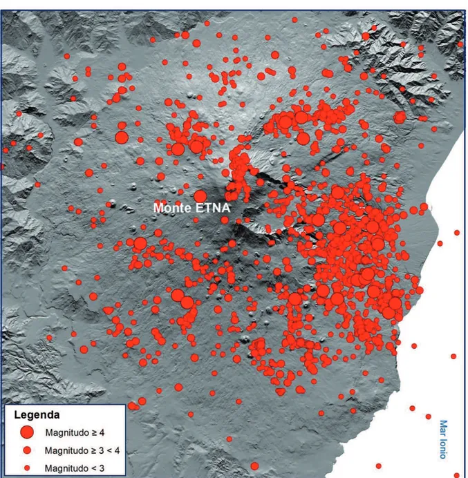 Figura 1.6 – Mappa delle localizzazioni epicentrali censite nel Catalogo macrosismico dei terremoti etnei  comprensiva dei terremoti registrati negli anni 2014 e 2015 dalla rete 