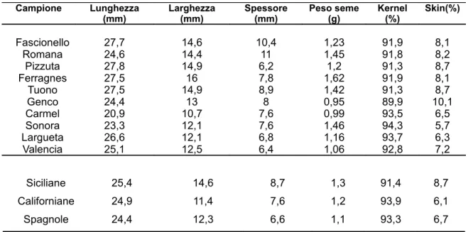 Tabella 14. Valori medi dell’analisi Carpometrica per ogni cultivar.
