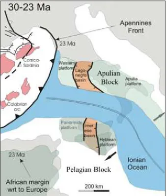 Figura  3-2.  Configurazione  paleogeografica  del  Mediterraneo  centrale  nell’intervallo  30-23  Ma  (modificato  da 