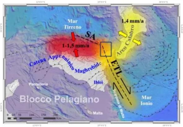 Figura  3-6.  Stato  della  deformazione  attiva  lungo  il  bordo  meridionale  dell’Arco  Calabro  (rosso,  compressione;  giallo,  estensione;  arancione,  transtensione)