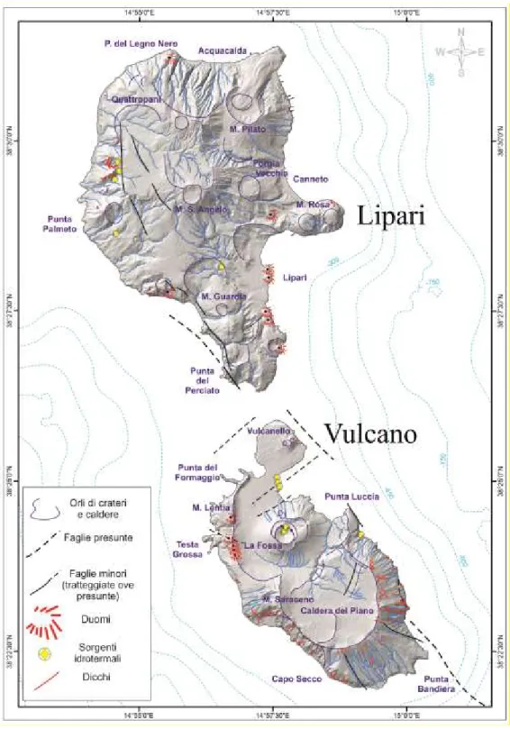 Figura 5-2. Mappa  morfo-strutturale del Complesso Lipari-Vulcano. Sullo shaded relief ad alta risoluzione (DTM  2x2 m), sono state riportate le principali discontinuità strutturali rinvenute in questo lavoro e tutti gli elementi tipici  dell’ambiente  vul