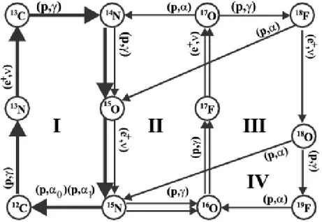 Figure 1.6: The four CNO cycles. Each reaction cycle fuses four protons to one 4