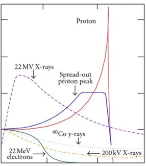 Figure 1.3: Bragg peak and Spread-Out Bragg Peak (SOBP) for a proton beam in comparison with photon and electron dose distributions