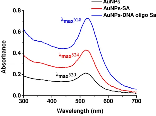 Figure 17.  Absorption spectra of AuNPs functionalized with streptavidin (AuNPs-SA) and conjugated 