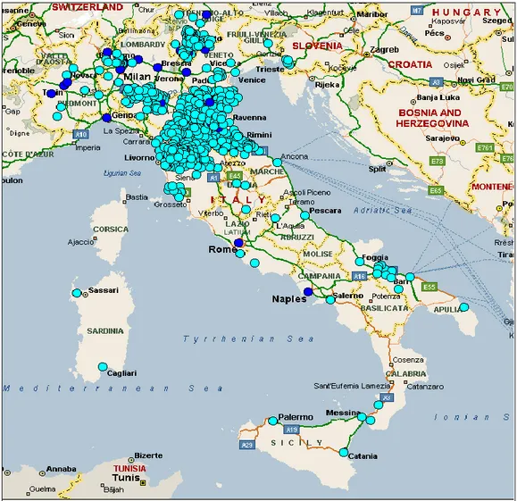 Figura  5  Legenda.  In  blu  sono  evidenziati  i  comuni  con  rilevanti  infrastrutture  civili  e  in  azzurro  i  comuni  con presenza  di  infrastrutture  civili