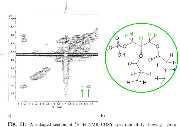 Fig.  11:  A  enlarged  section  of  1 H- 1 H  NMR  COSY  spectrum  of  1,  showing    cross- cross-correlation peaks (a) of the protons of glycerol backbone (b)