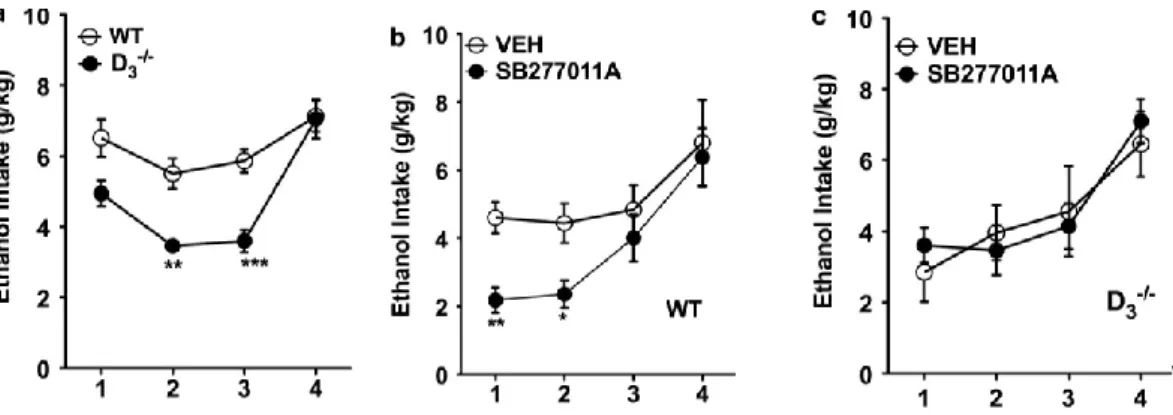 Figure 2 In the drinking in the dark (DID) paradigm,  D 3 R -/-  mice show a lower ethanol intake as compared 