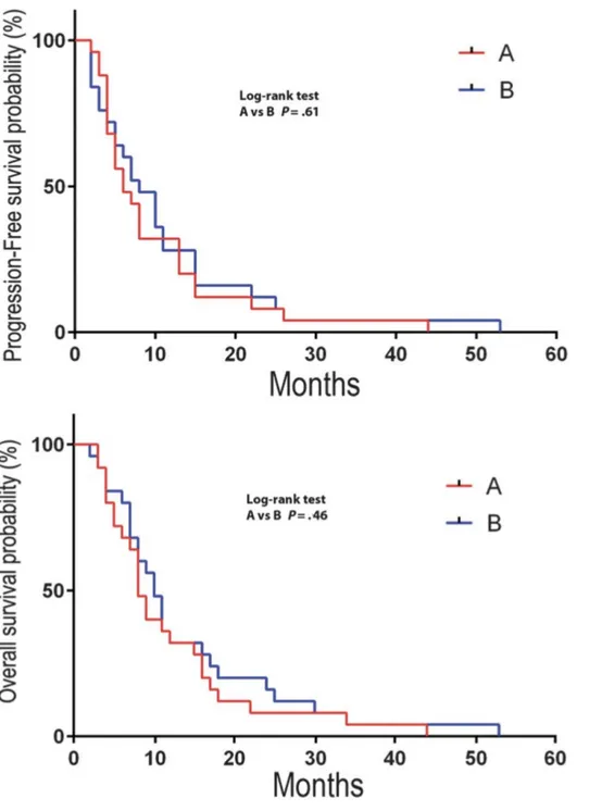 Figure 1:  Overall survival and progression-free survival according to the Kaplan-Meier method in  group A and B patients showing no statistically significant difference.