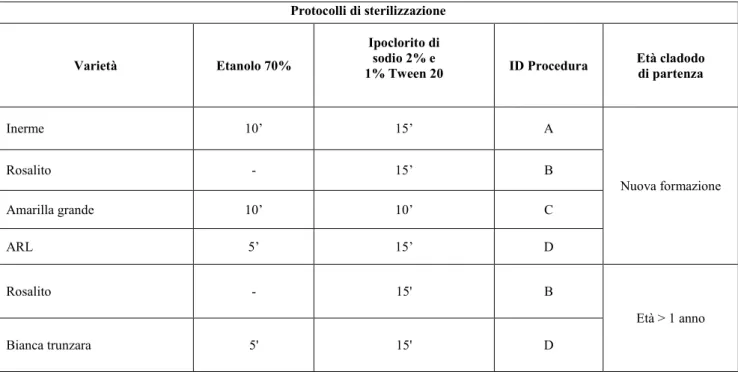 Tabella 6 Protocolli di decontaminazione adottati nella fase di sterilizzazione del materiale vegetale 