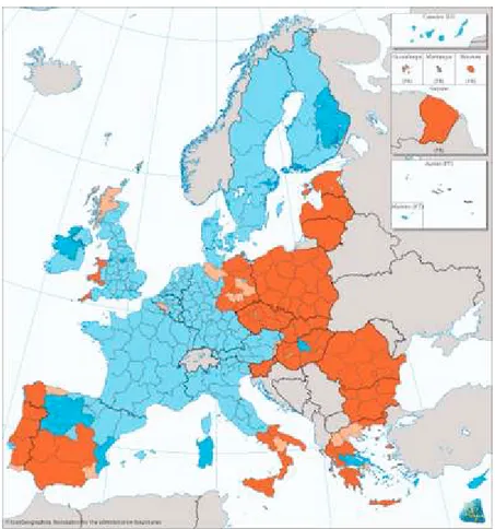 Fig. 3 – Fondi Strutturali 2007-2013.  Aree Obiettivo Convergenza (in rosso; di cui in rosa le regioni  in phasing-out) e aree Obiettivo Competitività (in azzurro; di cui in blu le regioni in phasing-in)