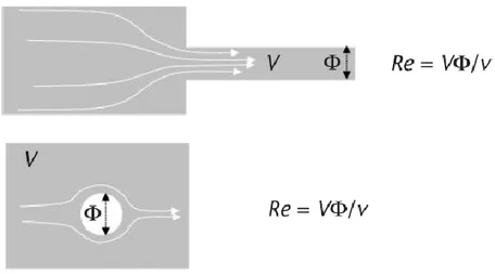 Figure  1.2 Reynolds  numbers:  (a)  Reynolds  number  in a  channel  and  (b)  Reynolds  number  around a spherical particle