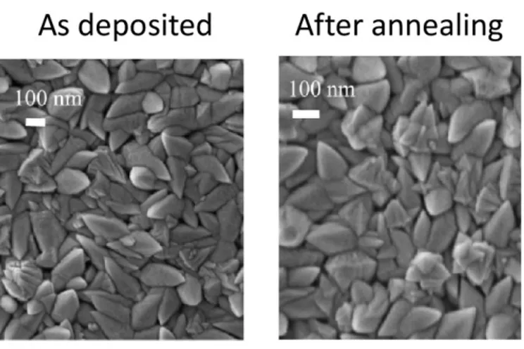 Figure 25: Plane view SEM images of AZO_250 films as deposited and after annealing at 200  °C, 60 min 