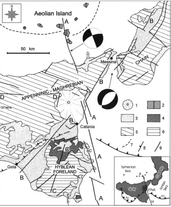 Figure 1.13. Structural sketch map of eastern Sicily and southern Calabria (from Bousquet and 