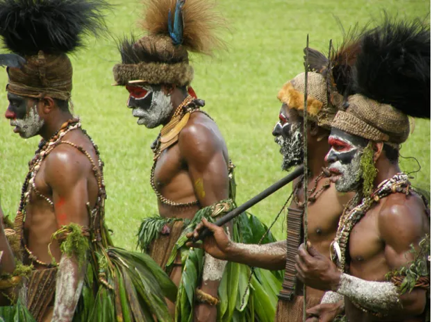 Figure 2: Highlander dancers at the Morobe Show 2006. Looped net supports the feathers on their headdress (©Jan Hasselberg)