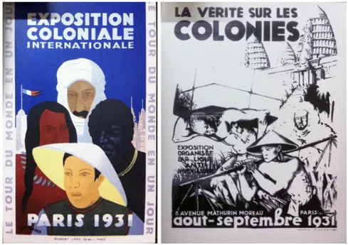 Figure 2: Left: Poster for International Exhibition of Colonies, Paris, 1931; Right: Poster for anti-colonial exhibition in the same year during the International Exhibition of Colonies in Paris