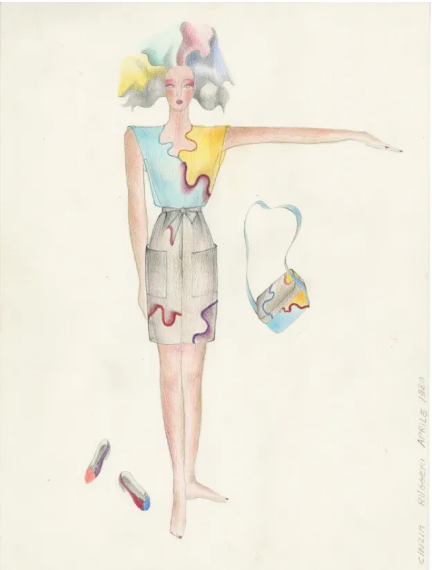Figura 8: Cinzia Ruggeri, S.t. (disegno per completo, collezione P/E 1981), aprile 1980, Matita e matite colorate su carta, 280 x 210 mm, CSAC Centro Studi e Archivio della Comunicazione, Università di Parma