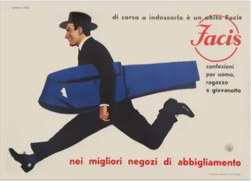 Fig. 1: Armando Testa, Facis advertising poster “Di corsa al indossarlo, è un abito Facis”, A/I 1955/1956, Torino, in ASTo, Corte, Archivio Gruppo Finanziario Tessile, mazzo 2744, fasc
