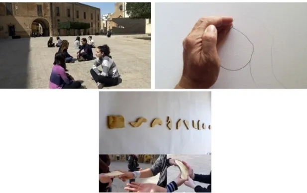 Fig. 7 – Elena Cologni, Lo Scarto , 2015, Sicily: (a) workshop (b) performed drawing, (c)