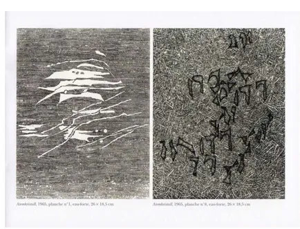 Fig. 5 – Gisèle de Lestrange, incisioni all’acquaforte n. 1 e n. 8 per il  ciclo poetico Atemkristall di Paul Celan, 1965