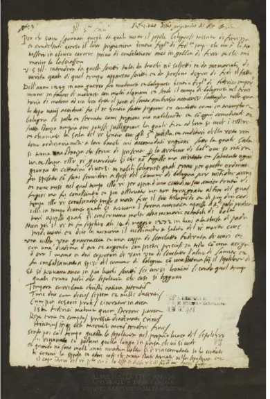Fig. 1: Manoscritto con la testimonianza diretta dell'apertura cinquecentesca del feretro  di Re Enzo