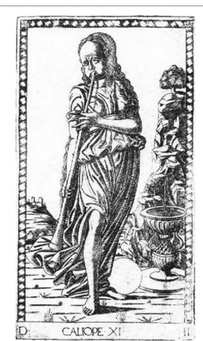 Fig. 6. Maestro E, Calliope, dai “Tarocchi del Mantegna”  (seconda  metà del XV sec.), Amburgo, Kunsthalle