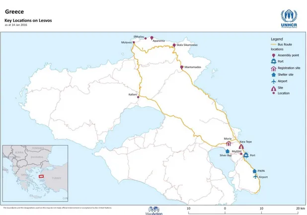 Fig. 1: Mappa dell'isola di Lesbo prodotta dall'UNHCR per i migranti, 2016 