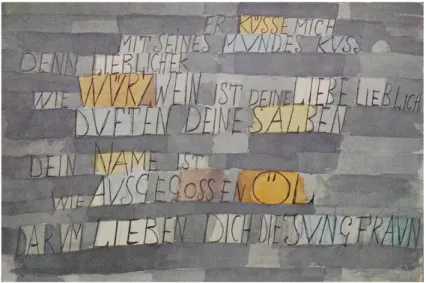 Fig. 2 – Paul Klee, Er küsse mich mit seines Mundes Kuß (aus dem Hohen Lied), 1921 [da Schrift  en Beeld / Art and writing / L’art et l’écriture / Schrift und Bild (catalogo della mostra,  Amster-dam,  Stedelijk  Museum,  3