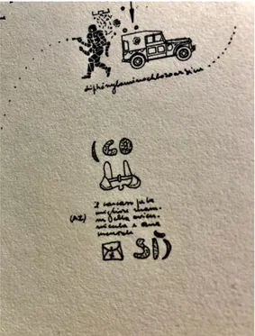 Fig. 2 – Gianfranco Baruchello, Edoardo Sanguineti, T.A.T., 1967 (dettaglio)  Questo  frammento poetico  nasce dalla dilatazione  di  una  porzione  del  disegno baruchelliano che si trova in alto a sinistra; Sanguineti sembra  qui  costruire  un  contesto